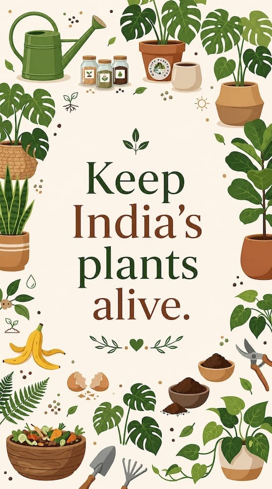 Keep India's plants alive — illustrated poster with watering can, monstera leaves, compost and garden tools